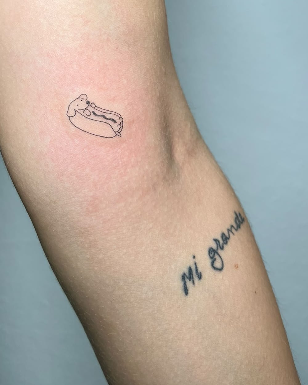 Perrito caliente minimalista y la frase «mi grande» en el brazo